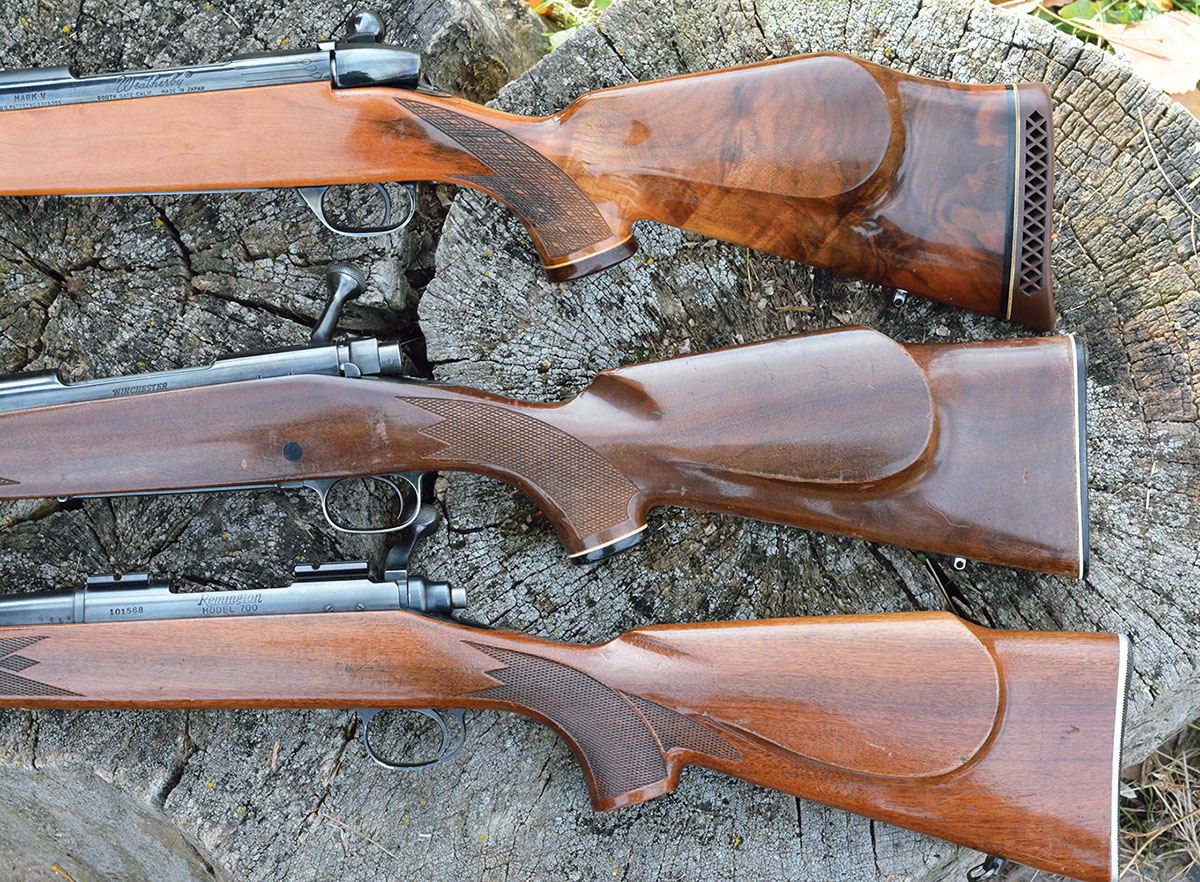 Roy Weatherby helped to popularize Monte Carlo stocks with cheekpiece (top) during the 1940s, but Winchester and Remington also began offering them on the Model 70 (middle) and Model 700 (bottom) during the early 1960s.